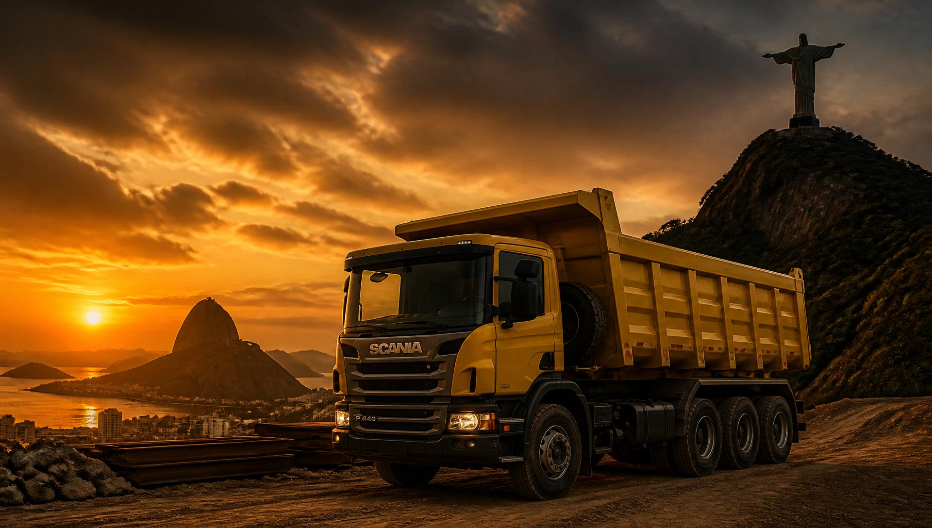 Caminhão caçamba da Marreta Minerais com o Rio de Janeiro ao fundo